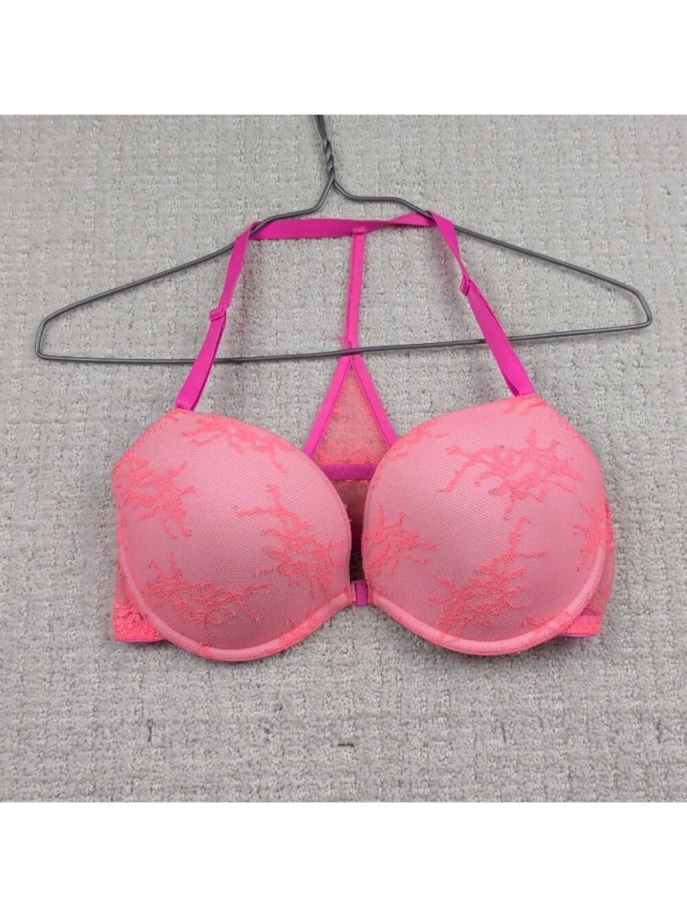 Y2K La Senza 'The Show Off' LaceBra Hot Pink / Orange Floral Glam Coquette 34D